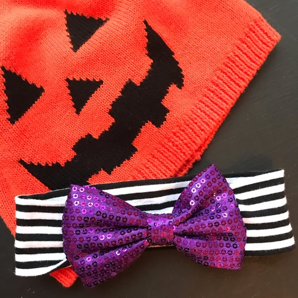 Other - Halloween Black White Striped Headband Purple Bow
